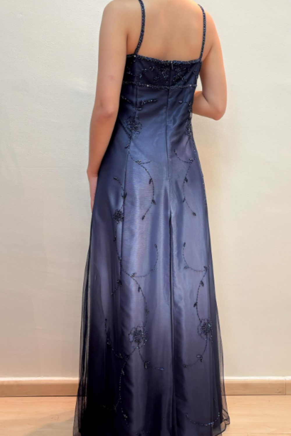 girlhomeshops-Navy Blue Formal Evening Gown With Delicate Beading Details, Long Chiffon Satin Fabric gh6111