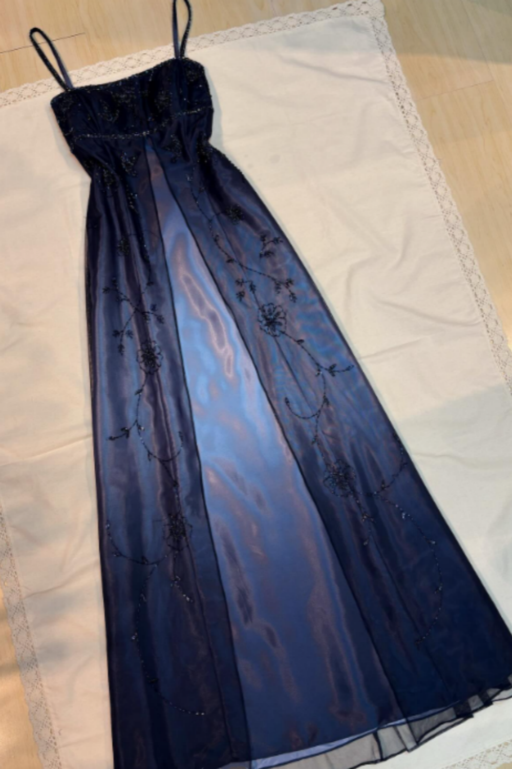girlhomeshops-Navy Blue Formal Evening Gown With Delicate Beading Details, Long Chiffon Satin Fabric gh6111