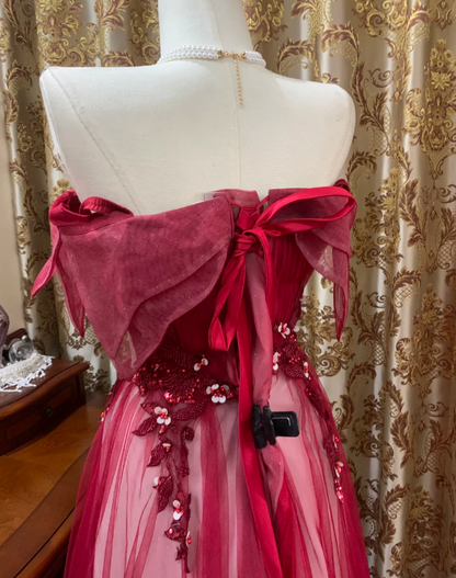 Pretty Red Off The Shoulder Tulle Beaded A Line Long Birthday Prom Dress Evening Dress SP1608
