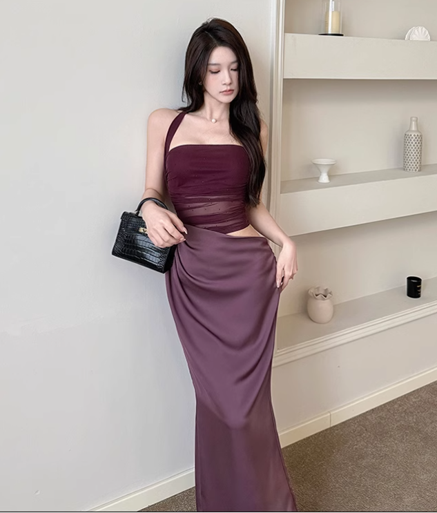 New Chic Holiday Style Mesh Patchwork Halter Slim Dress TP2875