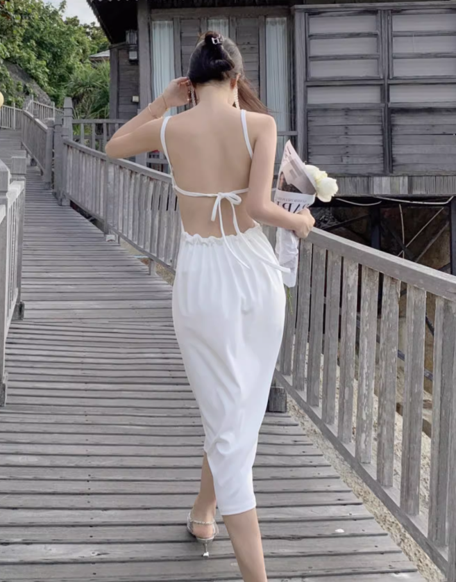 New Stylish White Sleeveless Backless Beach Spaghetti Strap Dress TP2971