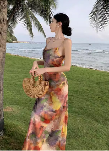 Simple New Painting Style Floral Design Elegant Beach Holiday Spaghetti Strap Dress TP3019