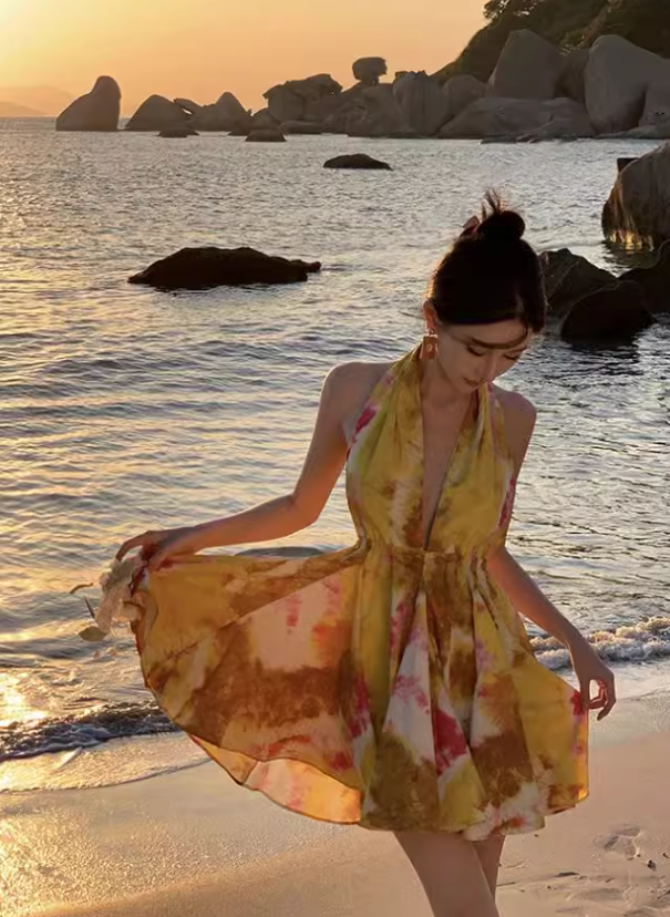 New Stylish Yellow Floral Design A-Line Halter Dress TP3024
