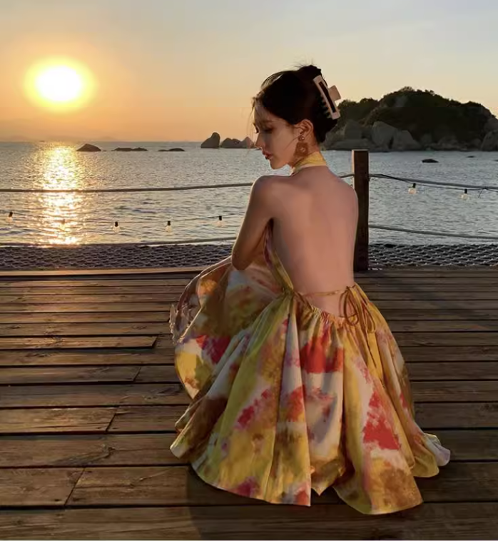 New Stylish Yellow Floral Design A-Line Halter Dress TP3024
