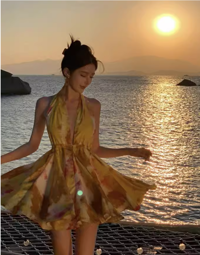New Stylish Yellow Floral Design A-Line Halter Dress TP3024