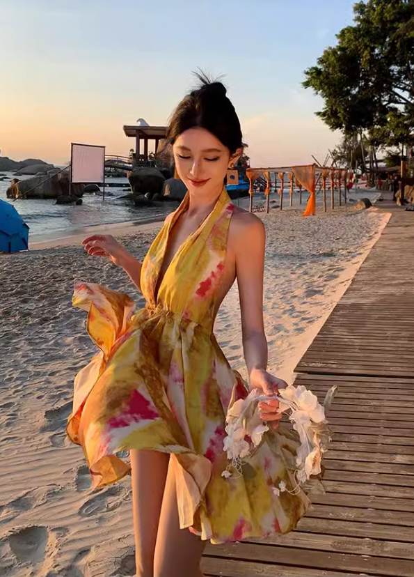 New Stylish Yellow Floral Design A-Line Halter Dress TP3024