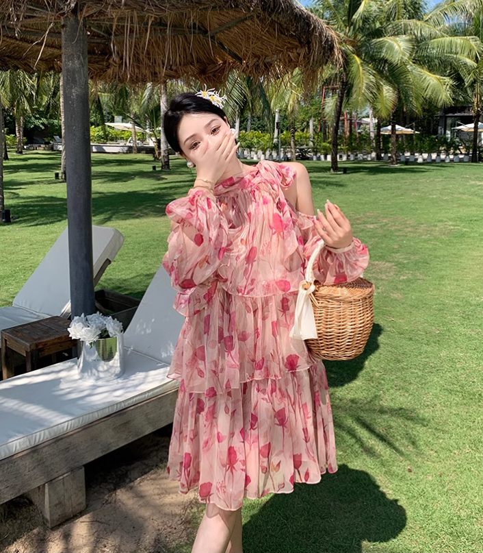 New Fashion Pink Floral Design Long Sleeves Off-the-shoulder A-Line Halter Dress TP3025