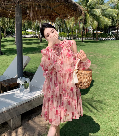 New Fashion Pink Floral Design Long Sleeves Off-the-shoulder A-Line Halter Dress TP3025