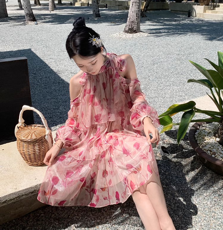 New Fashion Pink Floral Design Long Sleeves Off-the-shoulder A-Line Halter Dress TP3025