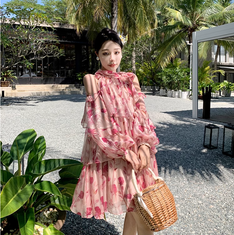 New Fashion Pink Floral Design Long Sleeves Off-the-shoulder A-Line Halter Dress TP3025
