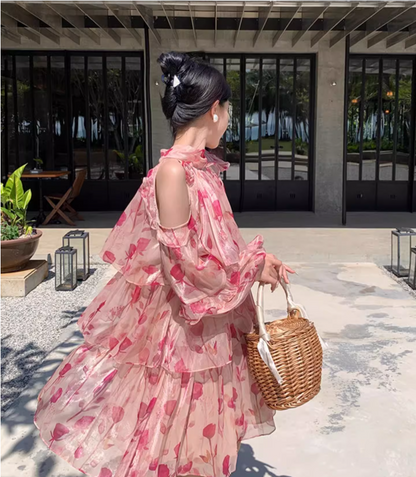 New Fashion Pink Floral Design Long Sleeves Off-the-shoulder A-Line Halter Dress TP3025
