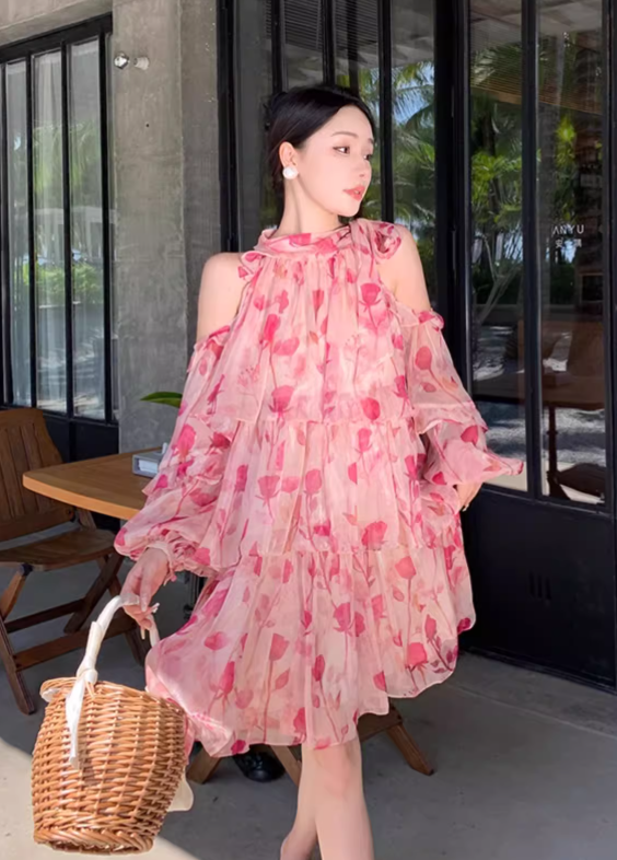 New Fashion Pink Floral Design Long Sleeves Off-the-shoulder A-Line Halter Dress TP3025