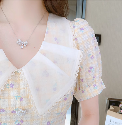 New Simple Short Sleeves Floral Design A-Line Dress TP3040