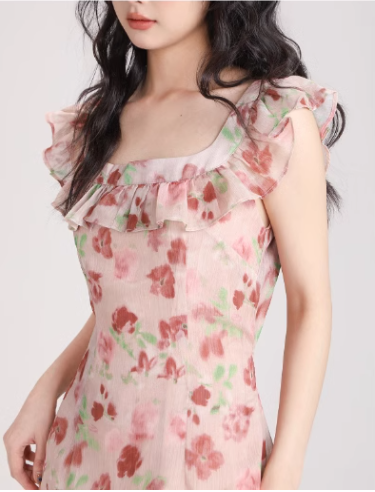 New Simple Fashion Short Puffy Sleeves Floral Design A-Line Dress TP3042