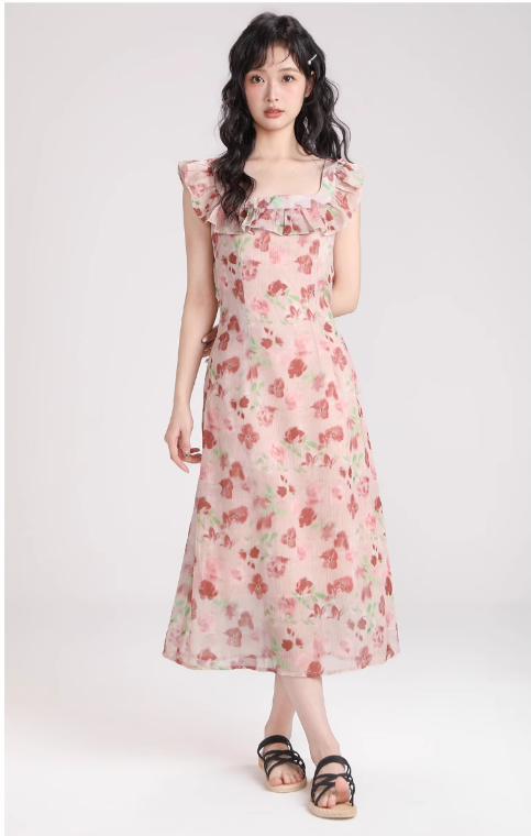 New Simple Fashion Short Puffy Sleeves Floral Design A-Line Dress TP3042