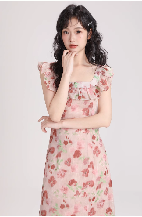 New Simple Fashion Short Puffy Sleeves Floral Design A-Line Dress TP3042