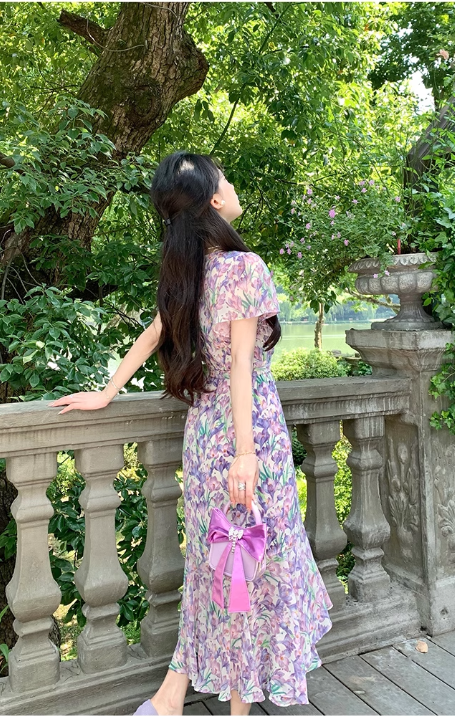 New Fashion Floaral Design V-neck Short Sleeves Mermaid Slim Long Dress TP3048