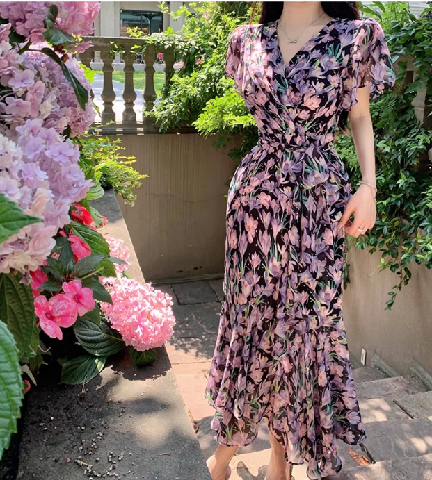 New Fashion Floaral Design V-neck Short Sleeves Mermaid Slim Long Dress TP3048