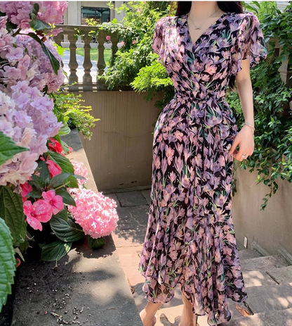New Fashion Floaral Design V-neck Short Sleeves Mermaid Slim Long Dress TP3048