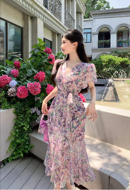 New Fashion Floaral Design V-neck Short Sleeves Mermaid Slim Long Dress TP3048