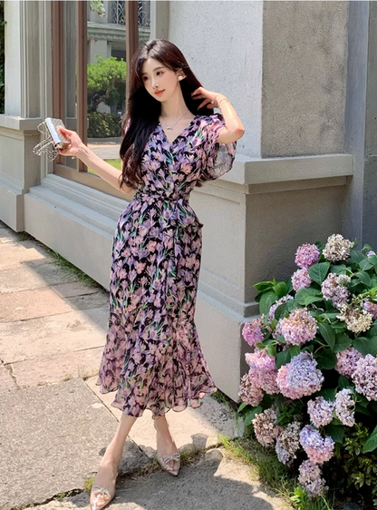 New Fashion Floaral Design V-neck Short Sleeves Mermaid Slim Long Dress TP3048
