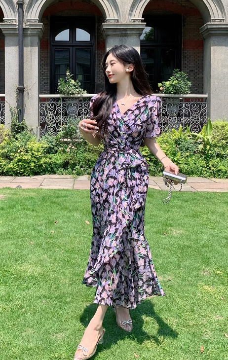 New Fashion Floaral Design V-neck Short Sleeves Mermaid Slim Long Dress TP3048