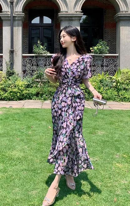 New Fashion Floaral Design V-neck Short Sleeves Mermaid Slim Long Dress TP3048