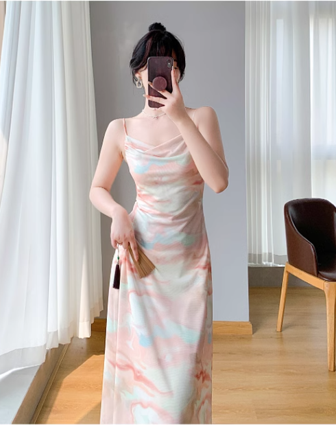 Simple Fashion Colorful Design Slim Spaghetti Strap Dress TP3059