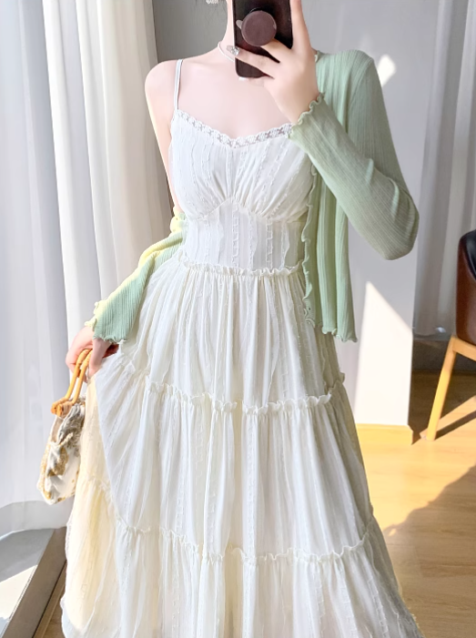 New Simple Elegant Cake Lace Design Cardigan Spaghetti Strap Dress TP3061