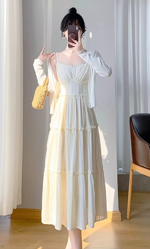 New Simple Elegant Cake Lace Design Cardigan Spaghetti Strap Dress TP3061