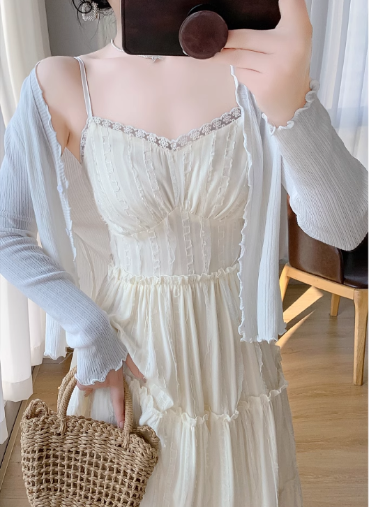 New Simple Elegant Cake Lace Design Cardigan Spaghetti Strap Dress TP3061