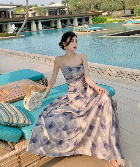 New Simple Elegant Floral Design Beach Holiday Spaghetti Strap Dress TP3068
