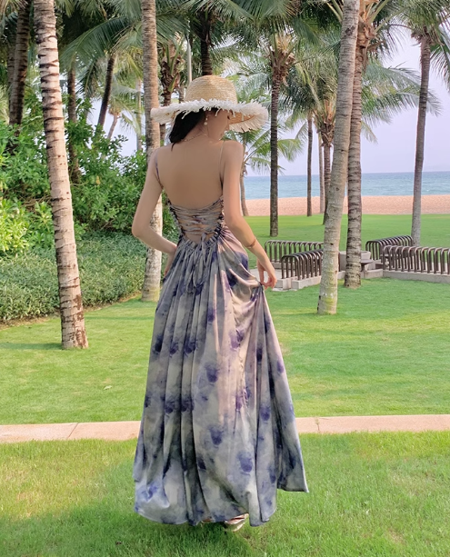 New Simple Elegant Floral Design Beach Holiday Spaghetti Strap Dress TP3068