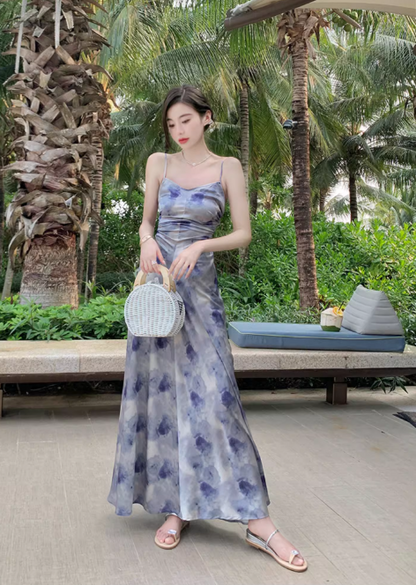 New Simple Elegant Floral Design Beach Holiday Spaghetti Strap Dress TP3068
