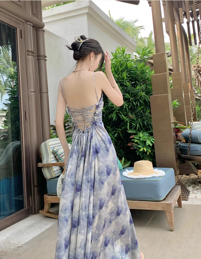 New Simple Elegant Floral Design Beach Holiday Spaghetti Strap Dress TP3068