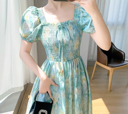 Simple Elegant Floral Design Short Sleeves Halter Dress TP3071