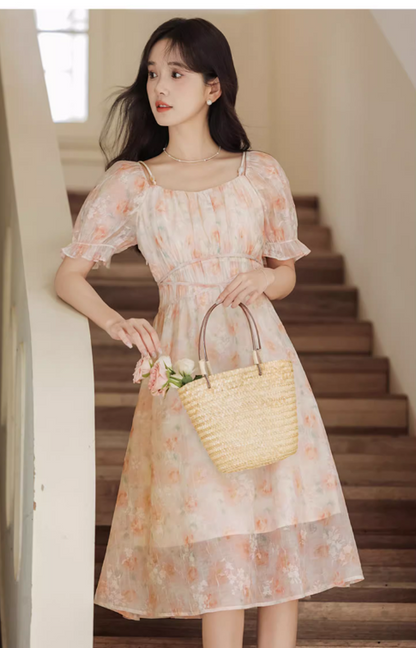 Vintage Women Floral Design A-Line Chiffon Short Sleeves Dress TP3077
