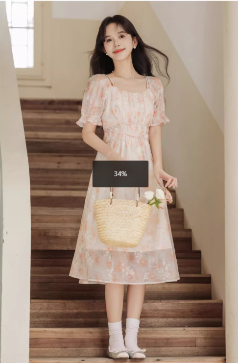 Vintage Women Floral Design A-Line Chiffon Short Sleeves Dress TP3077
