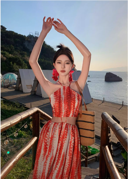 Bohemian Style Women Unique Design Sense Red A-Line Halter Dress TP3081