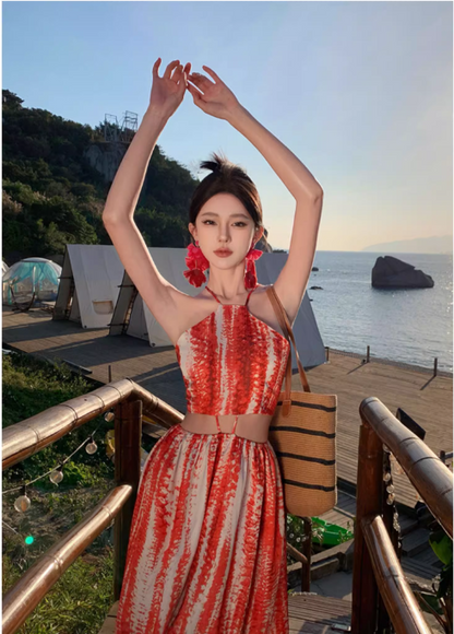 Bohemian Style Women Unique Design Sense Red A-Line Halter Dress TP3081