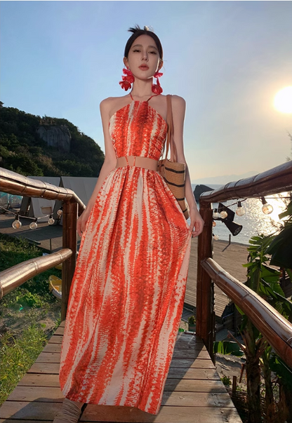 Bohemian Style Women Unique Design Sense Red A-Line Halter Dress TP3081