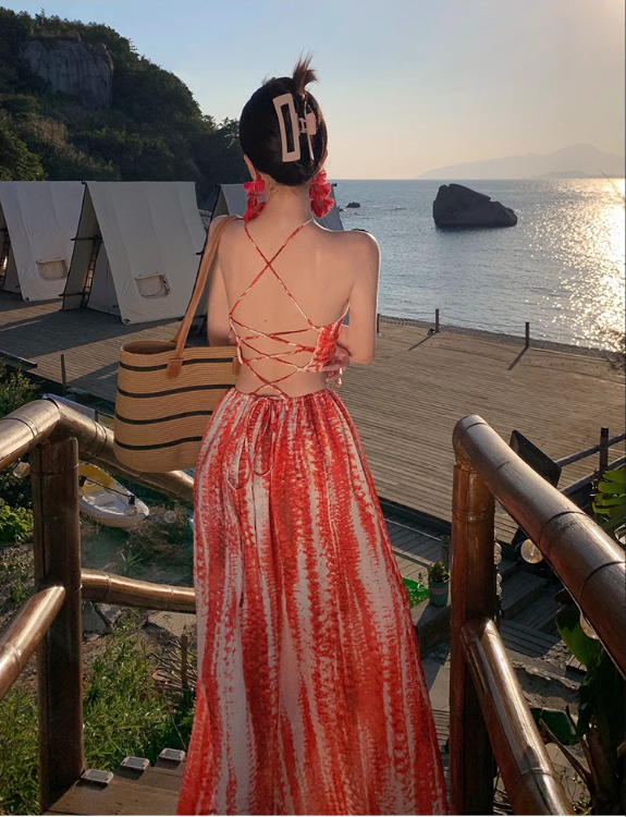 Bohemian Style Women Unique Design Sense Red A-Line Halter Dress TP3081