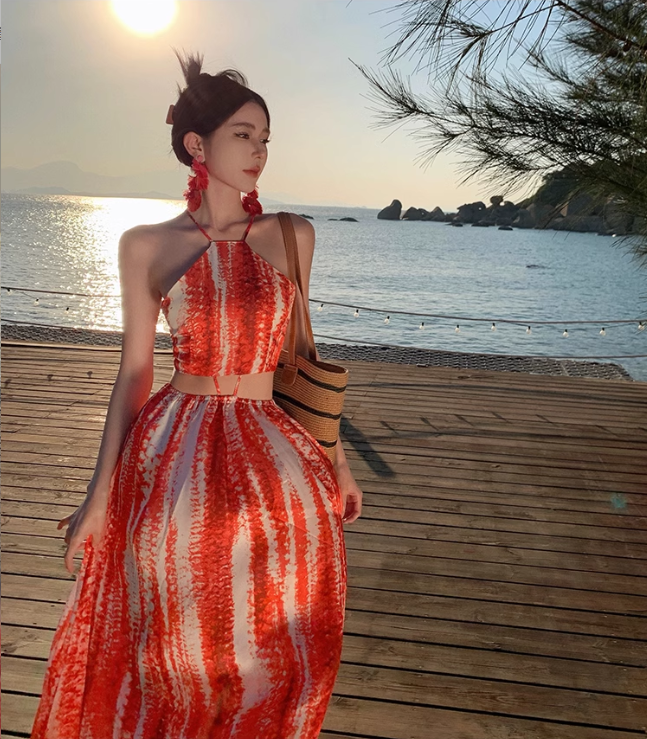 Bohemian Style Women Unique Design Sense Red A-Line Halter Dress TP3081