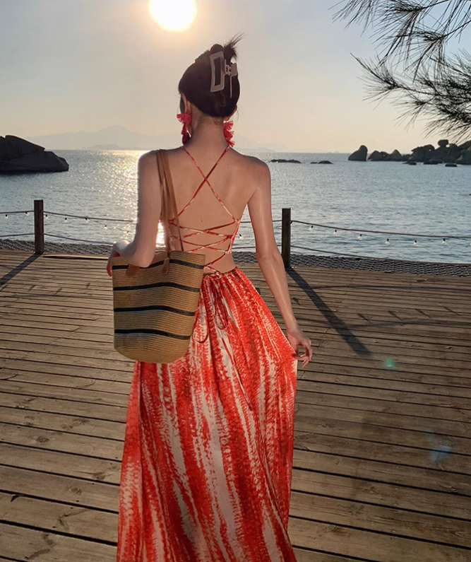 Bohemian Style Women Unique Design Sense Red A-Line Halter Dress TP3081