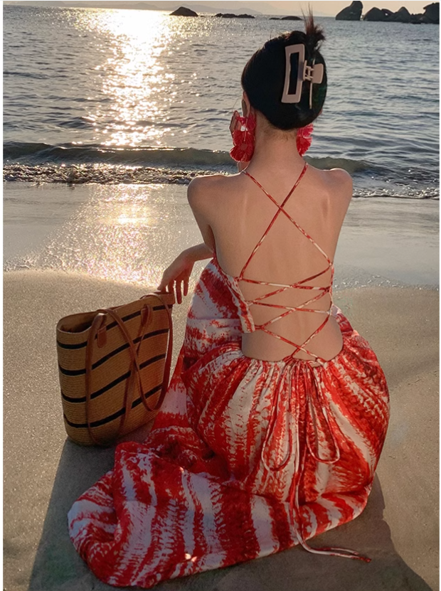 Bohemian Style Women Unique Design Sense Red A-Line Halter Dress TP3081