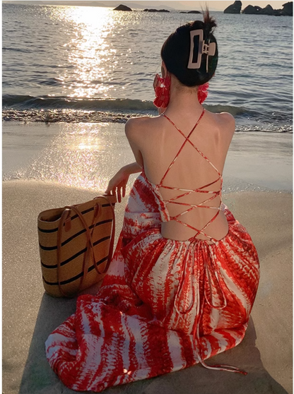 Bohemian Style Women Unique Design Sense Red A-Line Halter Dress TP3081