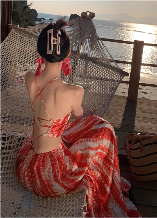 Bohemian Style Women Unique Design Sense Red A-Line Halter Dress TP3081
