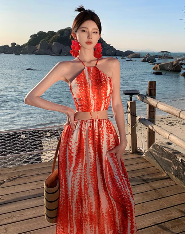 Bohemian Style Women Unique Design Sense Red A-Line Halter Dress TP3081