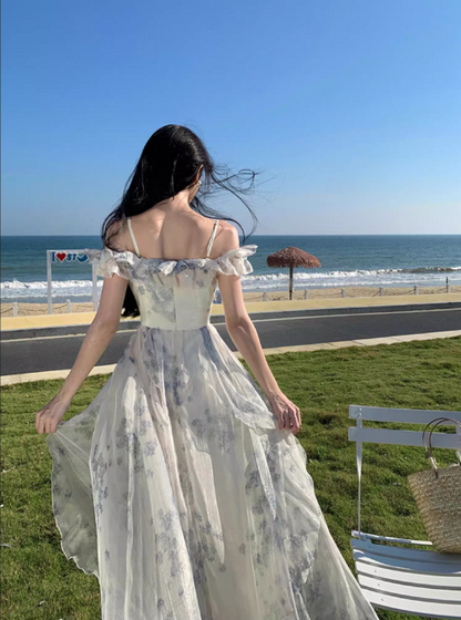 New Fashion Women Floral Falbala Design A-Line Beach Holiday Spaghetti Strap Dress TP3085