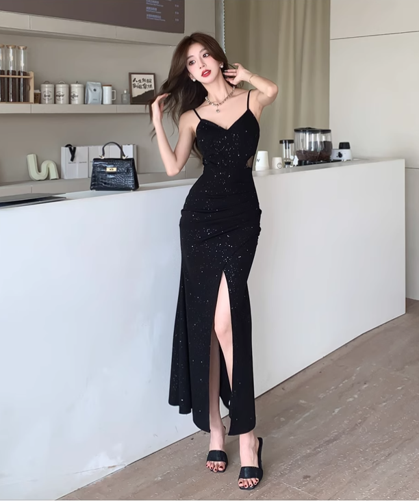 Vintage Elegant Black V-neck Black Design A-Line Sleeveless Strap Dress TP3141